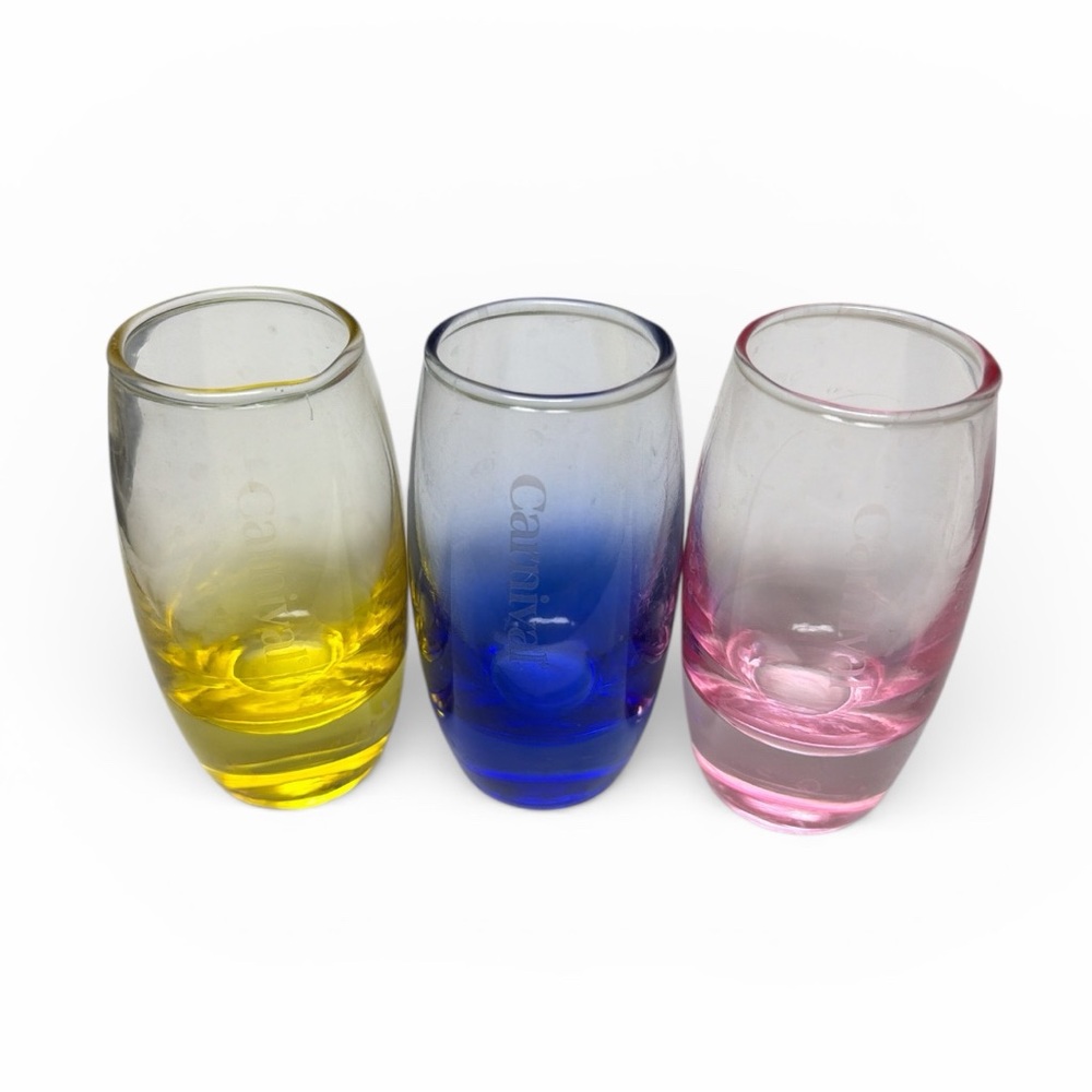 Carnival Souvenir Shot Glasses Pink Yellow and Blue Glass Set of 3